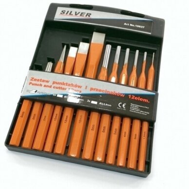 Kaiščių išmušėjų ir kaltų rinkinys 12vnt. S10637 Kaiščių išmušėjų ir kaltų rinkinys 12vnt. S10637