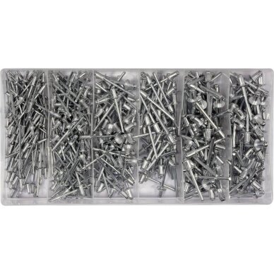 Kniedžių rinkinys dėžutėje mix Ø2.4-4.8mm 400vnt. YT-36420 Kniedžių rinkinys dėžutėje mix Ø2.4-4.8mm 400vnt. YT-36420