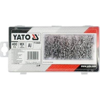 Kniedžių rinkinys dėžutėje mix Ø2.4-4.8mm 400vnt. YT-36420 1 Kniedžių rinkinys dėžutėje mix Ø2.4-4.8mm 400vnt. YT-36420 1