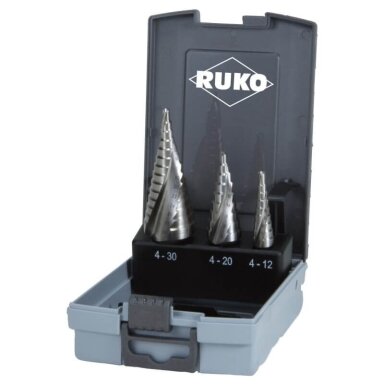 Pakopinių grąžtų rinkinys HSS Quick cut 3vnt. Pakopinių grąžtų rinkinys HSS Quick cut 3vnt.