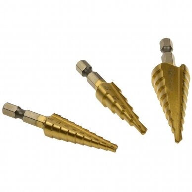 Pakopinių grąžtų rinkinys HEX 3vnt. 4-20mm 1 Pakopinių grąžtų rinkinys HEX 3vnt. 4-20mm 1