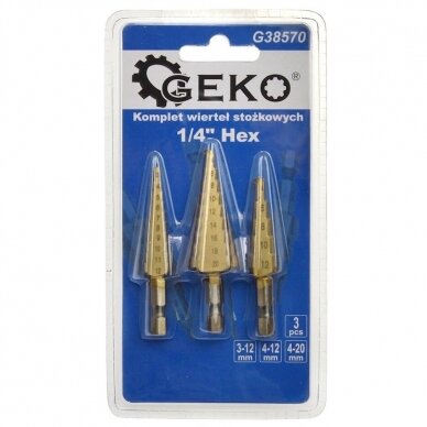 Pakopinių grąžtų rinkinys HEX 3vnt. 4-20mm 2 Pakopinių grąžtų rinkinys HEX 3vnt. 4-20mm 2