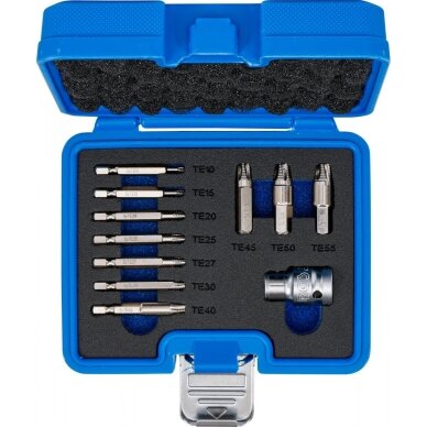 Pažeistų Torx varžtų ištraukiklių rinkinys T10–T55 11vnt. 74785 2 Pažeistų Torx varžtų ištraukiklių rinkinys T10–T55 11vnt. 74785 2
