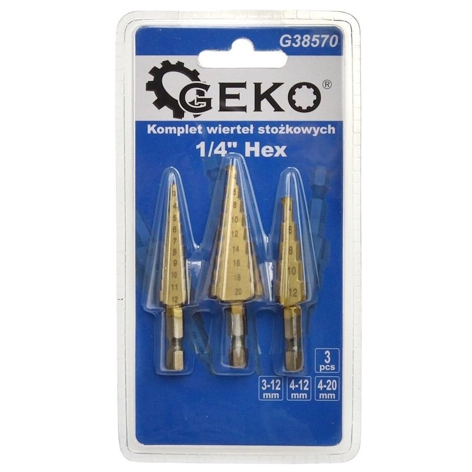 Pakopinių grąžtų rinkinys HEX 3vnt. 4-20mm 2 Pakopinių grąžtų rinkinys HEX 3vnt. 4-20mm 2