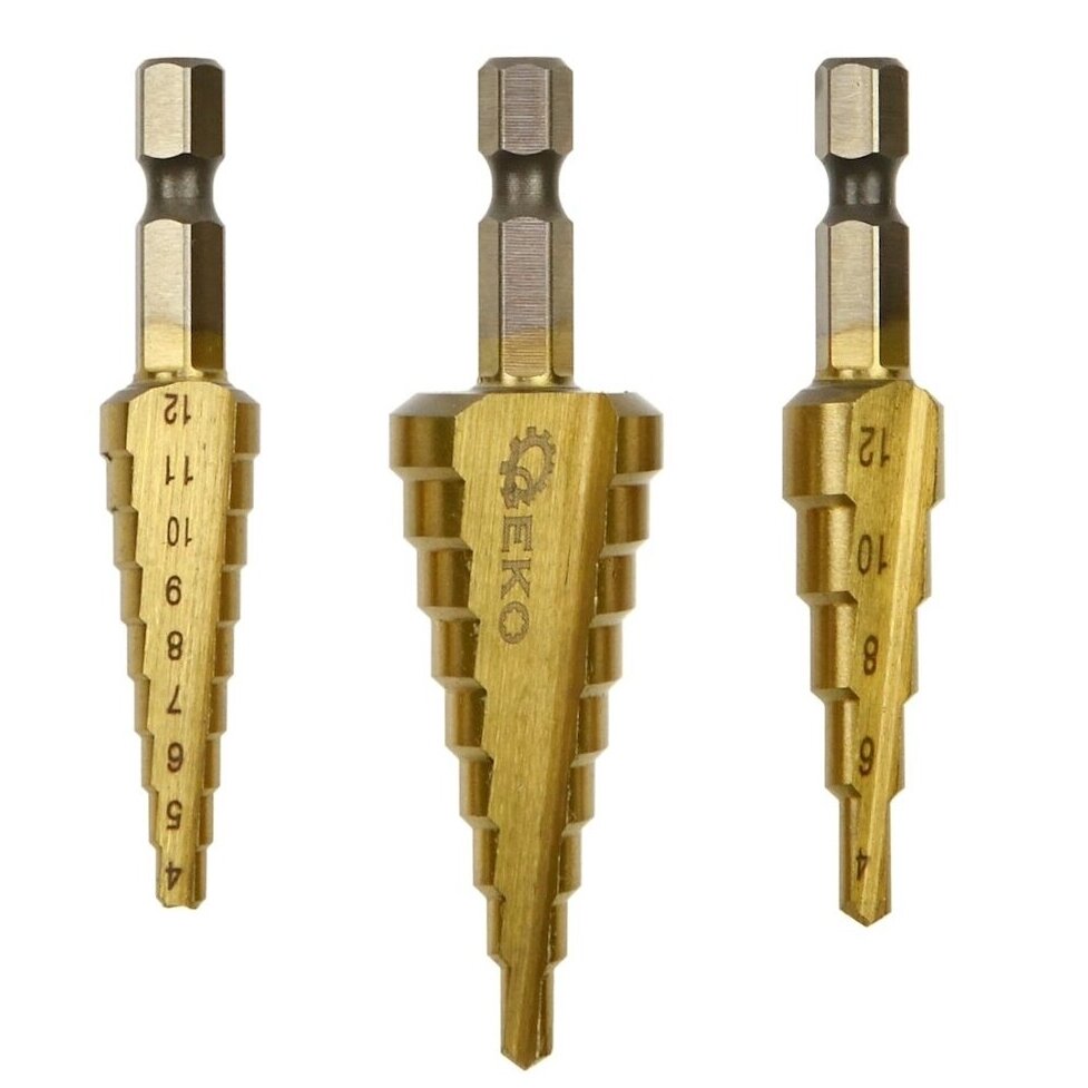 Pakopinių grąžtų rinkinys HEX 3vnt. 4-20mm Pakopinių grąžtų rinkinys HEX 3vnt. 4-20mm