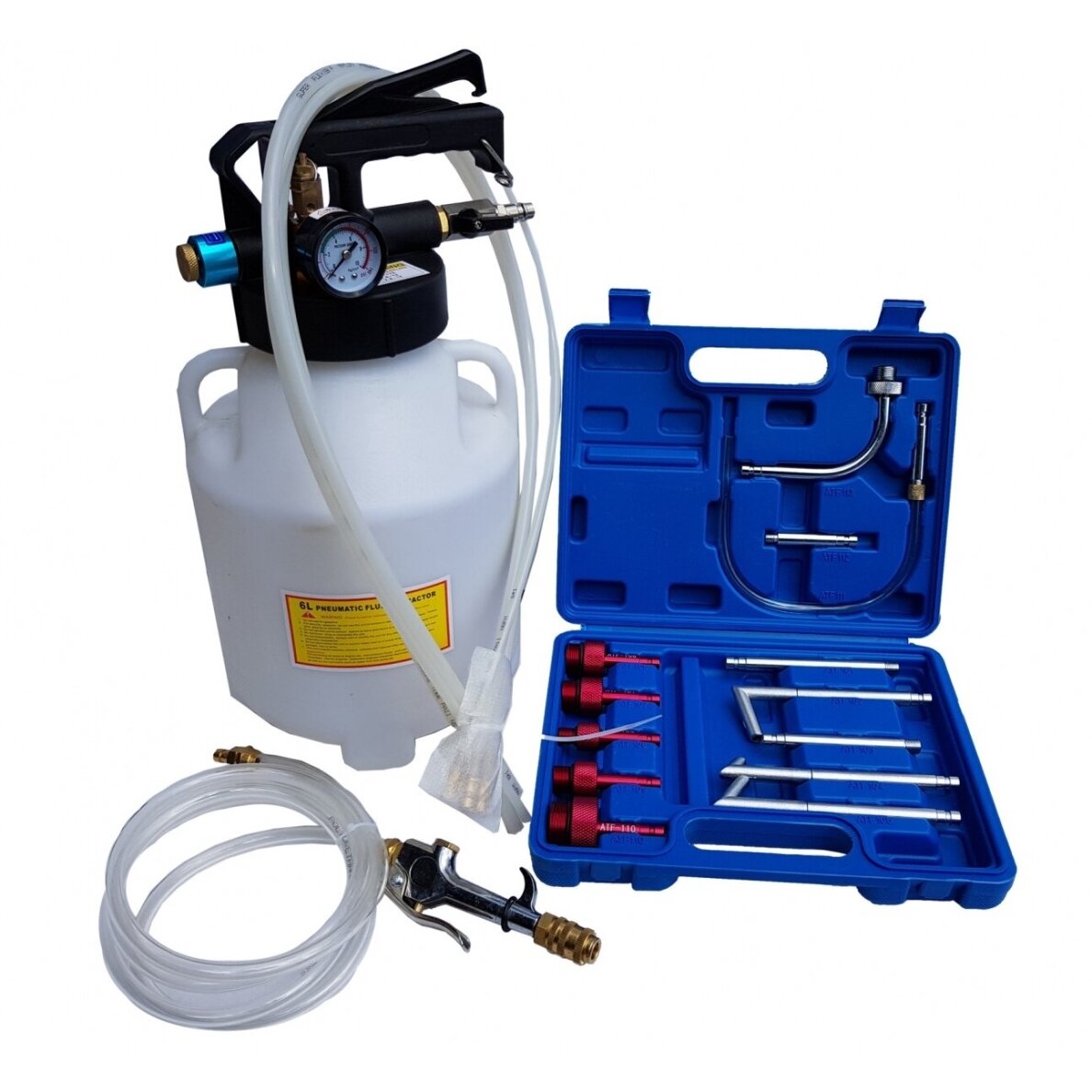 Pneumatinis tepalo užpylimo ir išsiurbimo įrenginys su ATF adapteriais 6l 15vnt. Pneumatinis tepalo užpylimo ir išsiurbimo įrenginys su ATF adapteriais 6l 15vnt.