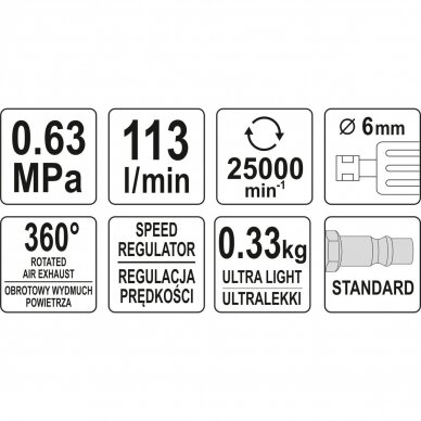 Pneumatinis šlifuoklis tiesinis mini 6mm 1/4" YT-09633 1