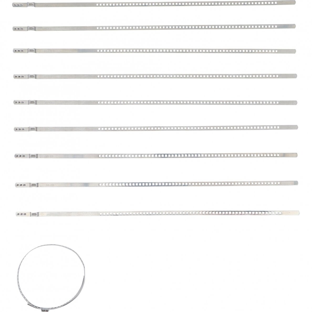 Nerūdijančio plieno sąvaržų rinkinys pusašių gumoms 7mm 50-120mm 10vnt. 70328 1 Nerūdijančio plieno sąvaržų rinkinys pusašių gumoms 7mm 50-120mm 10vnt. 70328 1