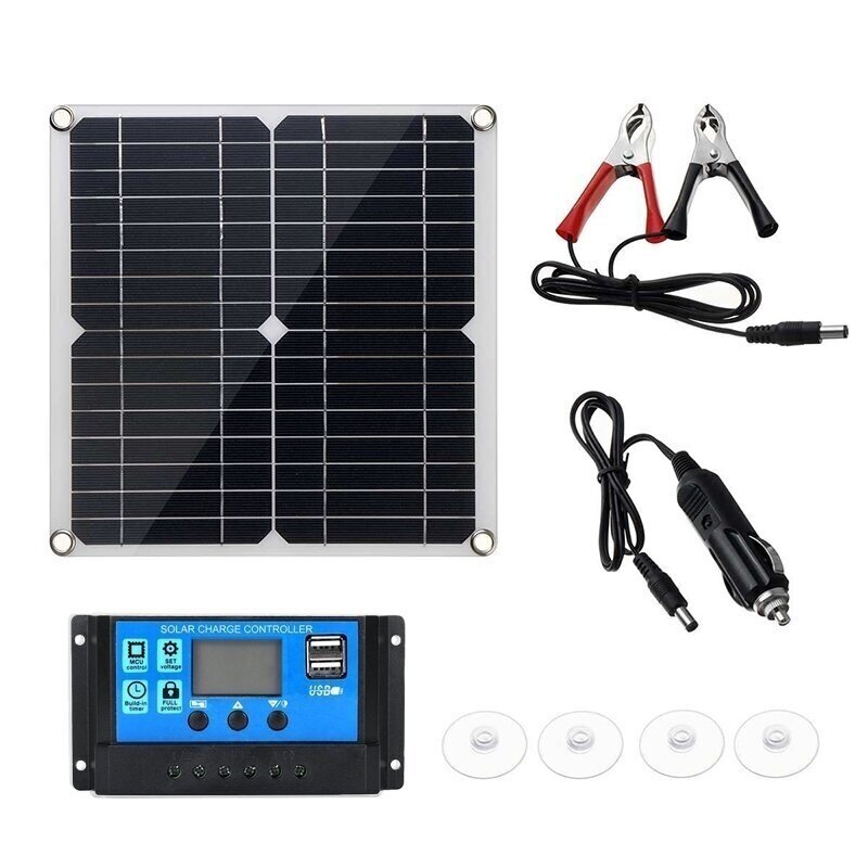 Saulės panelė 12W 12V su įkrovikliu ir priedais Saulės panelė 12W 12V su įkrovikliu ir priedais