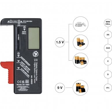 Skaitmeninis baterijų testeris 1.5V / 9V 63503 1 Skaitmeninis baterijų testeris 1.5V / 9V 63503 1