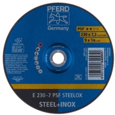 Šlifavimo diskas nerūdijančiam plienui 230mm 7.2mm 22.2mm A24 L PSF-INOX Šlifavimo diskas nerūdijančiam plienui 230mm 7.2mm 22.2mm A24 L PSF-INOX