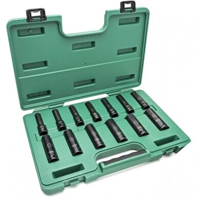 Smūginių ilgų galvučių rinkinys plonasienės 1/2" 10-24mm 13vnt. Smūginių ilgų galvučių rinkinys plonasienės 1/2" 10-24mm 13vnt.
