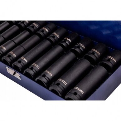 Smūginių ilgų ir trumpų galvučių rinkinys 1/2" 10-19mm 20vnt. 1 Smūginių ilgų ir trumpų galvučių rinkinys 1/2" 10-19mm 20vnt. 1