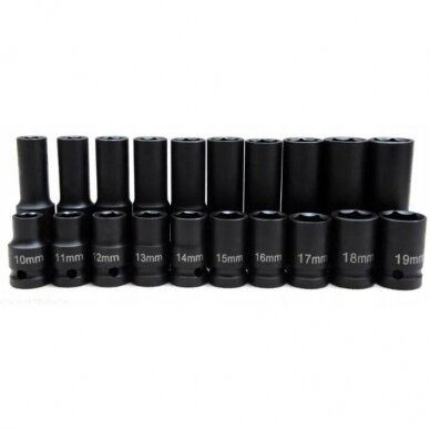 Smūginių ilgų ir trumpų galvučių rinkinys 1/2" 10-19mm 20vnt. 3 Smūginių ilgų ir trumpų galvučių rinkinys 1/2" 10-19mm 20vnt. 3