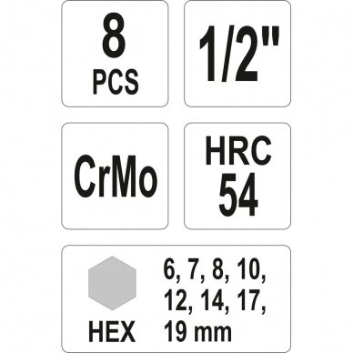 Smūginių antgalių rinkinys hex 1/2" 5-19mm 8vnt. 1 Smūginių antgalių rinkinys hex 1/2" 5-19mm 8vnt. 1
