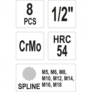 Smūginių antgalių rinkinys spline 1/2" M5-M18 8vnt. 1