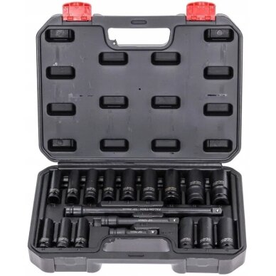 Smūginių galvučių rinkinys, ilgos/trumpos su priedais 1/2″ 8-24mm 18vnt. Smūginių galvučių rinkinys, ilgos/trumpos su priedais 1/2″ 8-24mm 18vnt.