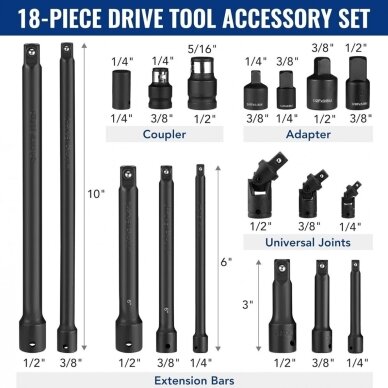 Ilgintuvų / adapterių / šarnyrų rinkinys 1/4"+3/8"+1/2" 18vnt. MHR10834 1