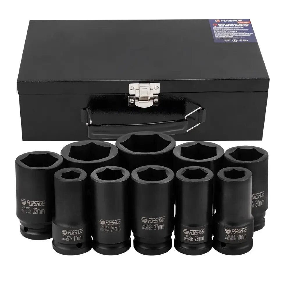 Smūginių galvučių rinkinys 6 kampų 3/4" 10vnt. (17-46mm) 1