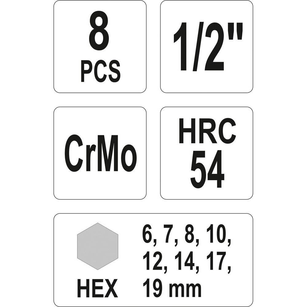 Smūginių antgalių rinkinys hex 1/2" 5-19mm 8vnt. 1 Smūginių antgalių rinkinys hex 1/2" 5-19mm 8vnt. 1