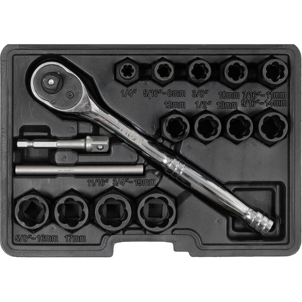 Galvučių rinkinys sugadintiems varžtams su terkšle 1/2" 16vnt. 8-19mm YT-05897