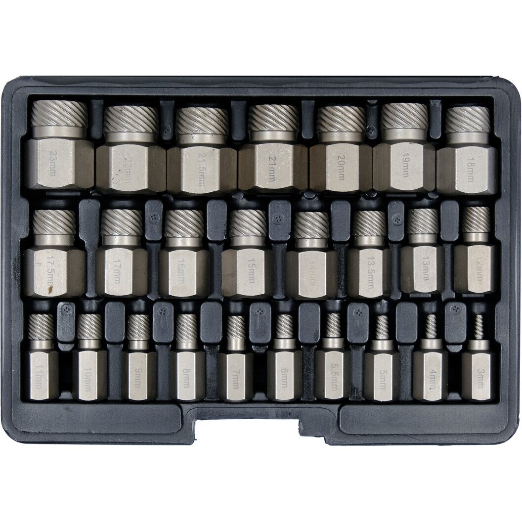 Sraigtinių ištraukiklių rinkinys 3-23mm 25vnt. YT-06034 Sraigtinių ištraukiklių rinkinys 3-23mm 25vnt. YT-06034