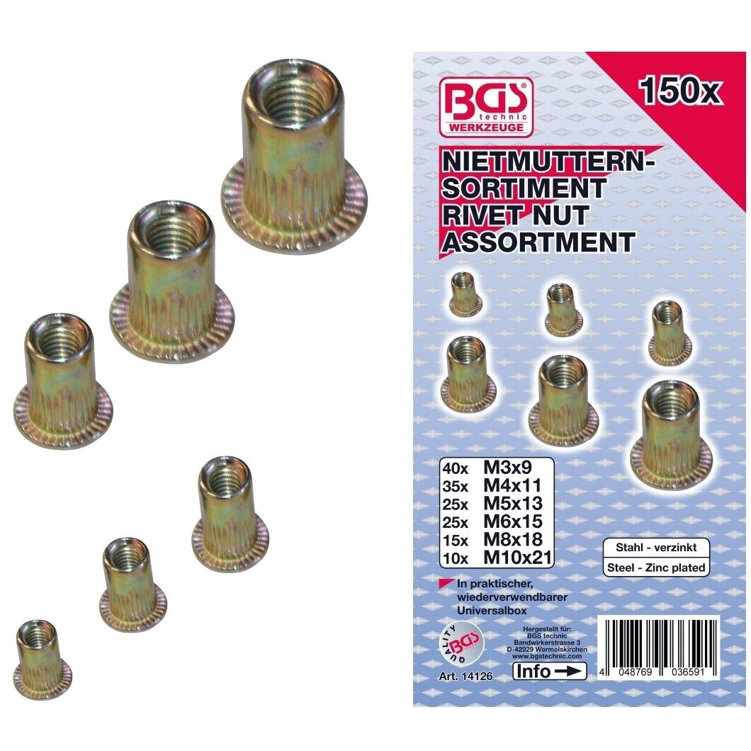 Srieginės plieninės kniedės M3-M10 150vnt.(14126) Srieginės plieninės kniedės M3-M10 150vnt.(14126)