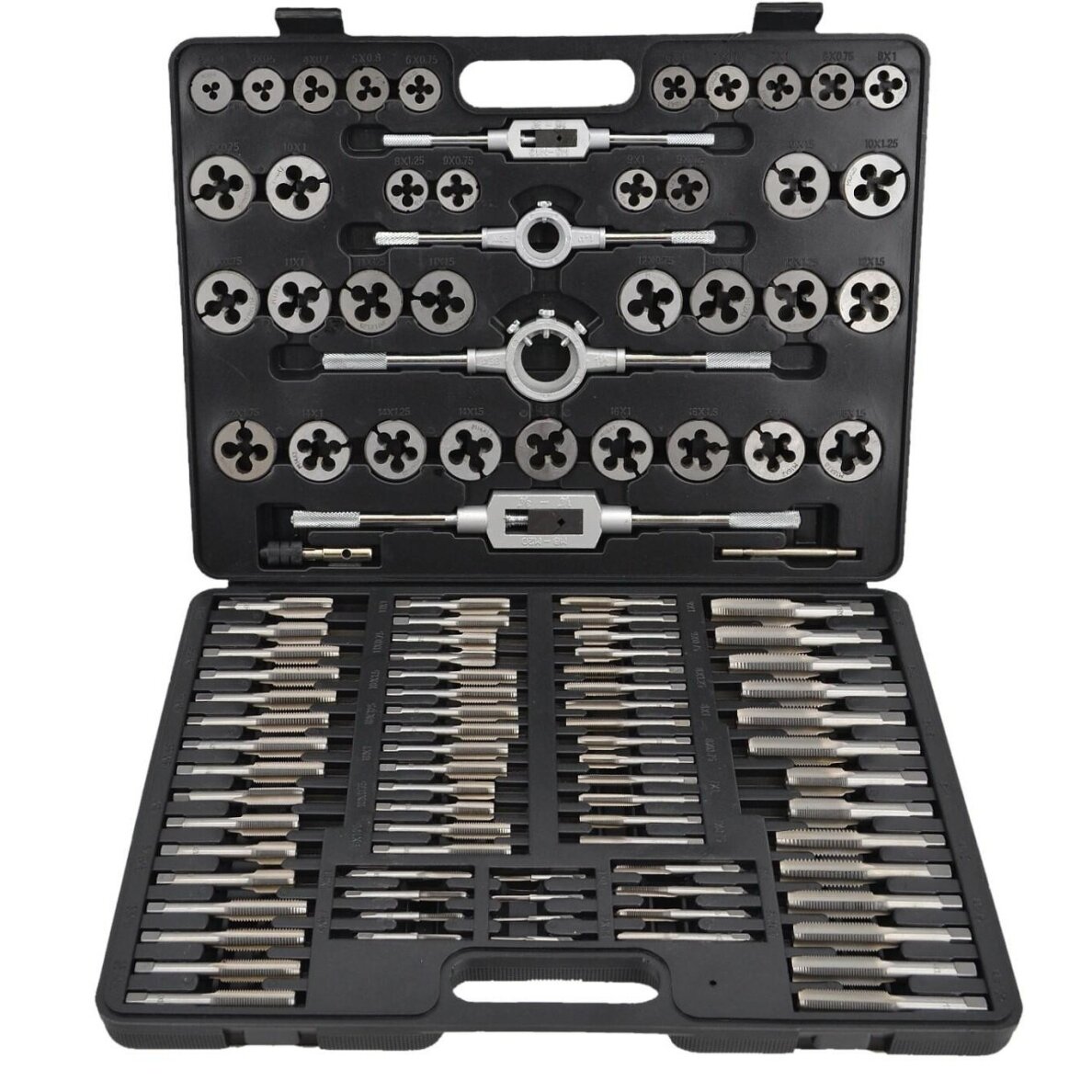 Sriegiklių/sriegpjovių rinkinys metrinis 110vnt. M2-M18 RF-B110-1 Sriegiklių/sriegpjovių rinkinys metrinis 110vnt. M2-M18 RF-B110-1