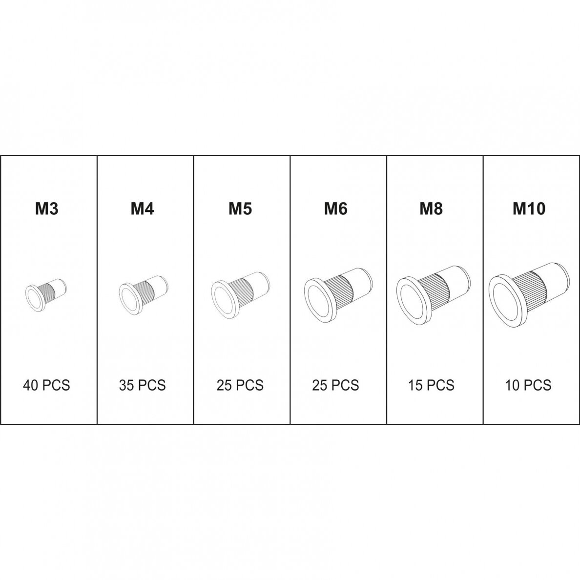 Srieginės plieninės kniedės M3-M10 150vnt.(YT-36481) 1 Srieginės plieninės kniedės M3-M10 150vnt.(YT-36481) 1