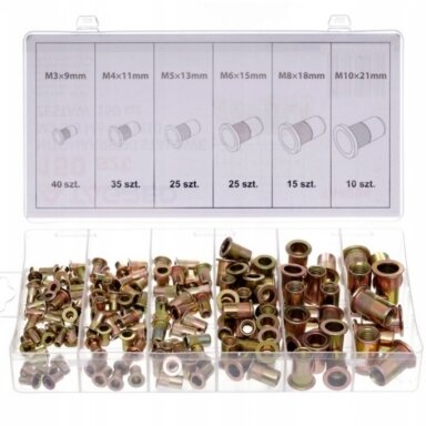 Srieginės plieninės kniedės M3-M10 150vnt. S11362 Srieginės plieninės kniedės M3-M10 150vnt. S11362
