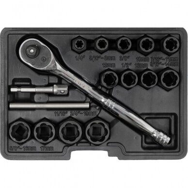 Galvučių rinkinys sugadintiems varžtams su terkšle 1/2" 16vnt. 8-19mm YT-05897