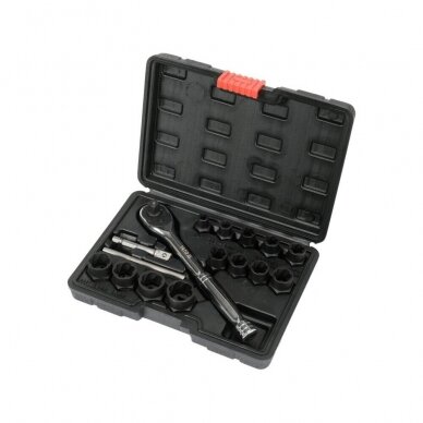 Galvučių rinkinys sugadintiems varžtams su terkšle 1/2" 16vnt. 8-19mm YT-05897 1 Galvučių rinkinys sugadintiems varžtams su terkšle 1/2" 16vnt. 8-19mm YT-05897 1