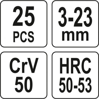 Sraigtinių ištraukiklių rinkinys 3-23mm 25vnt. YT-06034 2 Sraigtinių ištraukiklių rinkinys 3-23mm 25vnt. YT-06034 2
