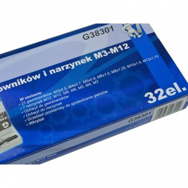 Sriegiklių/sriegpjovių rinkinys 32vnt. M3-M12 3 Sriegiklių/sriegpjovių rinkinys 32vnt. M3-M12 3