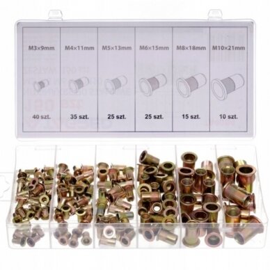 Srieginės plieninės kniedės M3-M10 150vnt. S11362 Srieginės plieninės kniedės M3-M10 150vnt. S11362