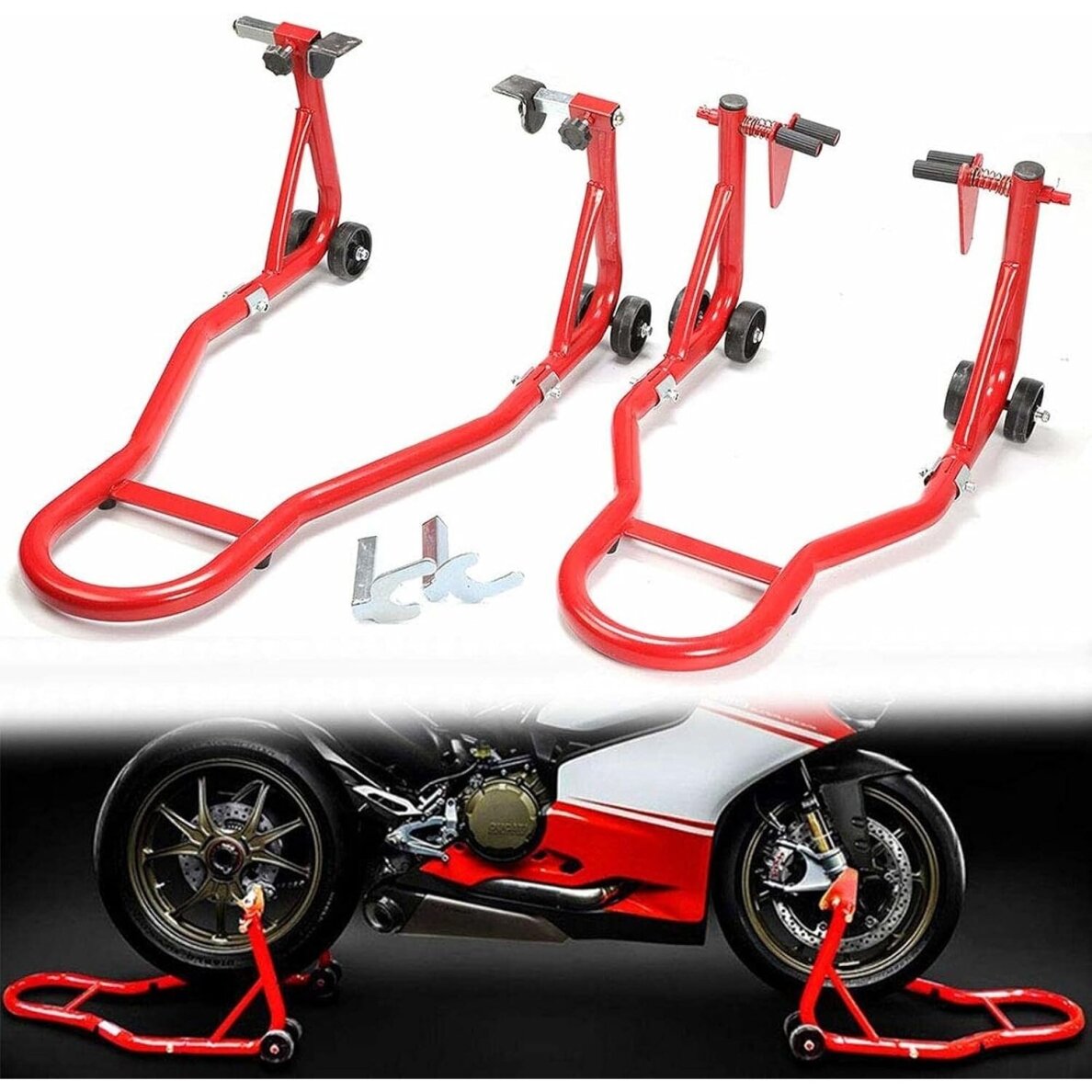 Motociklo stovų rinkinys priekiniam ir galiniam ratui 250kg + papildomi antgaliai 1 Motociklo stovų rinkinys priekiniam ir galiniam ratui 250kg + papildomi antgaliai 1