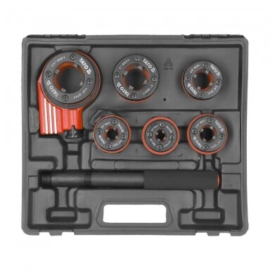 Vamzdinių sriegpjovių rinkinys su terkšle (1/4", 1", 1/2", 3/4", 3/8", 1-1/4") 6vnt. YT-2900 Vamzdinių sriegpjovių rinkinys su terkšle (1/4", 1", 1/2", 3/4", 3/8", 1-1/4") 6vnt. YT-2900