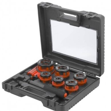 Vamzdinių sriegpjovių rinkinys su terkšle (1/4", 1", 1/2", 3/4", 3/8", 1-1/4") 6vnt. YT-2900 1 Vamzdinių sriegpjovių rinkinys su terkšle (1/4", 1", 1/2", 3/4", 3/8", 1-1/4") 6vnt. YT-2900 1